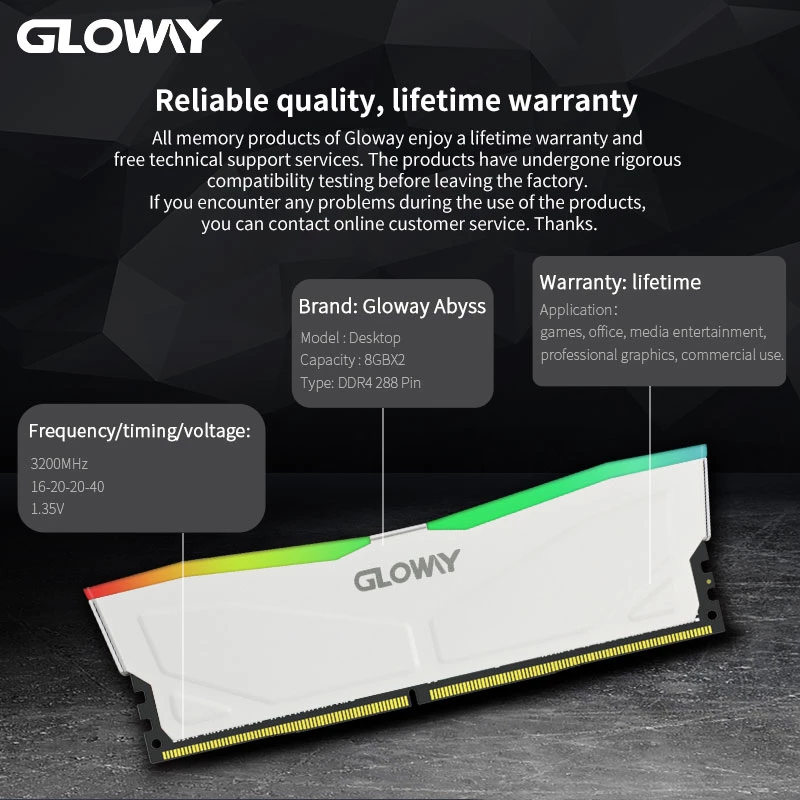 Memoria Gloway Dual RAM DDR4 2x8GB (16Gb) 3200MHz PC4-25600 CL-18-22-22-42 1.35V - RGB